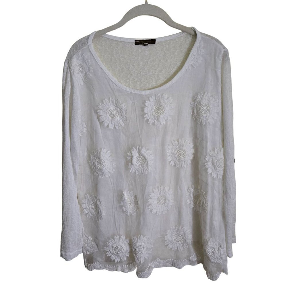 Piazza Roma White Daisy Embroidered Sheer Overlay Tunic Top Size M